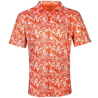 An orange and blue geometric patterned men's golf shirt displayed on a flat surface.