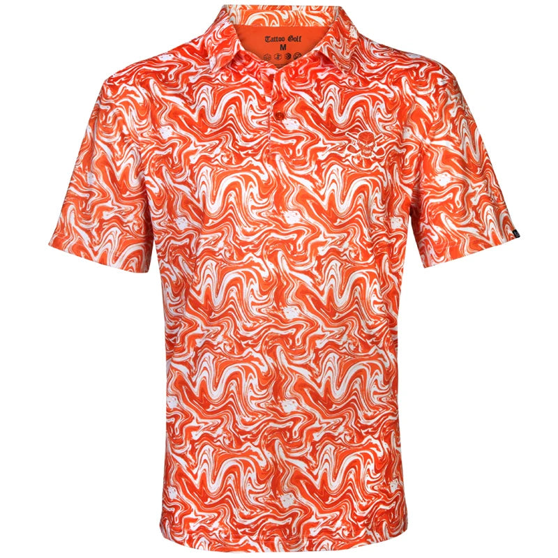 An orange and blue geometric patterned men's golf shirt displayed on a flat surface.