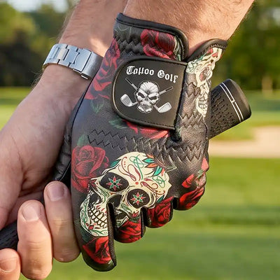 men's sugar skull golf glove on a golfer