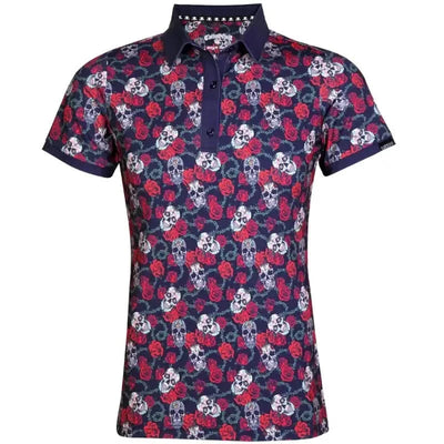 Tattoo Golf Sugar Skull women's polo in dark blue, showing the all-over sugar skull print and three-button placket.