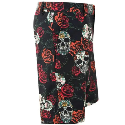 Tattoo Golf Sugar Skull Cool-Stretch men's golf shorts in black and red, side view of the skull and rose pattern.