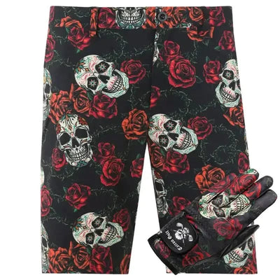 Men's golf shorts with skull and rose pattern with matching leather golf glove 