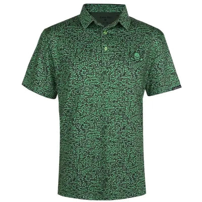 A men's golf shirt with a green maze pattern and a skull and emblem design on the chest.