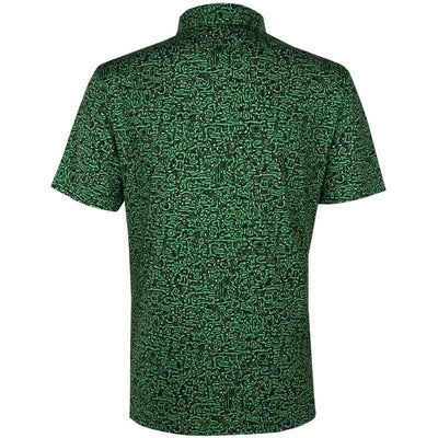 Back view of the Summertime Cool-Stretch Men's Golf Shirt in green featuring a vibrant maze pattern.
