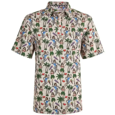 A sand-colored men's golf shirt with a Hawaiian-themed pattern featuring Hula girls and a skull and crossed clubs emblem.