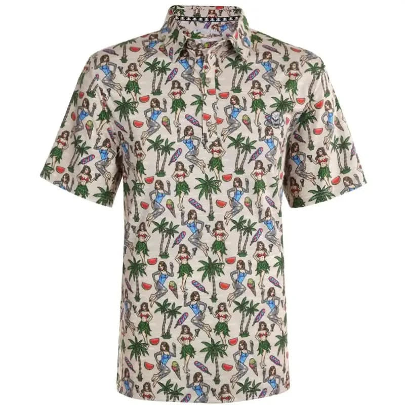 A sand-colored men's golf shirt with a Hawaiian-themed pattern featuring Hula girls and a skull and crossed clubs emblem.