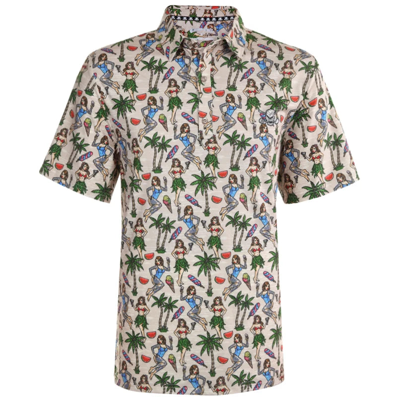 A sand-colored men's golf shirt with a Hawaiian-themed pattern featuring Hula girls and a skull and crossed clubs emblem.