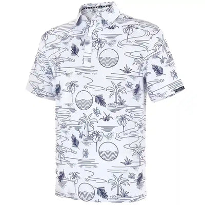 Tattoo Golf Summertime men's polo in white, shown at an angle with line-drawn palm trees and tropical scenes.