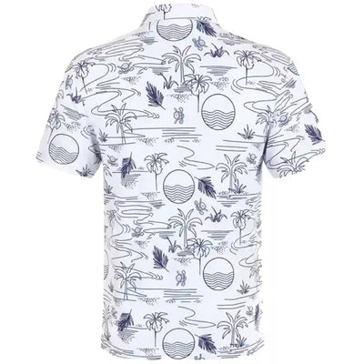 Tattoo Golf Summertime men's polo in white, shown from the back with its line-drawn tropical pattern.