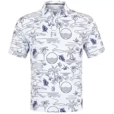 Tattoo Golf Summertime men's polo in white, shown from the front with line-drawn palm trees and tropical scenes.