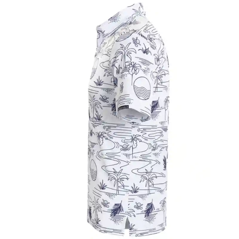 Tattoo Golf Summertime men's polo in white, shown from the side with its tropical pattern.