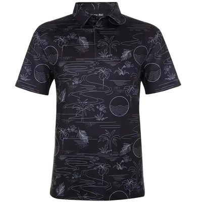 Summertime Cool-Stretch Men's Golf Shirt featuring a black palm tree design for stylish golf performance.