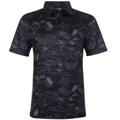 Summertime Cool-Stretch Men's Golf Shirt featuring a black palm tree design for stylish golf performance.