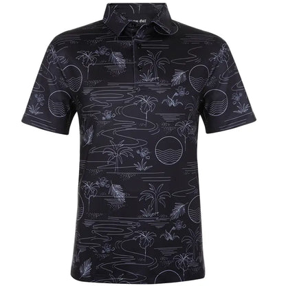 black Hawaiian themed golf shirt with skulls