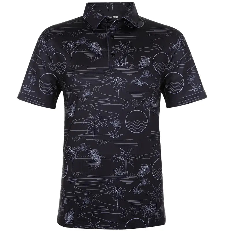 black Hawaiian themed golf shirt with skulls
