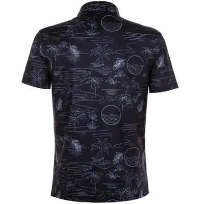 Back view of the Summertime Cool-Stretch Men's Golf Shirt in black with a tropical pattern.