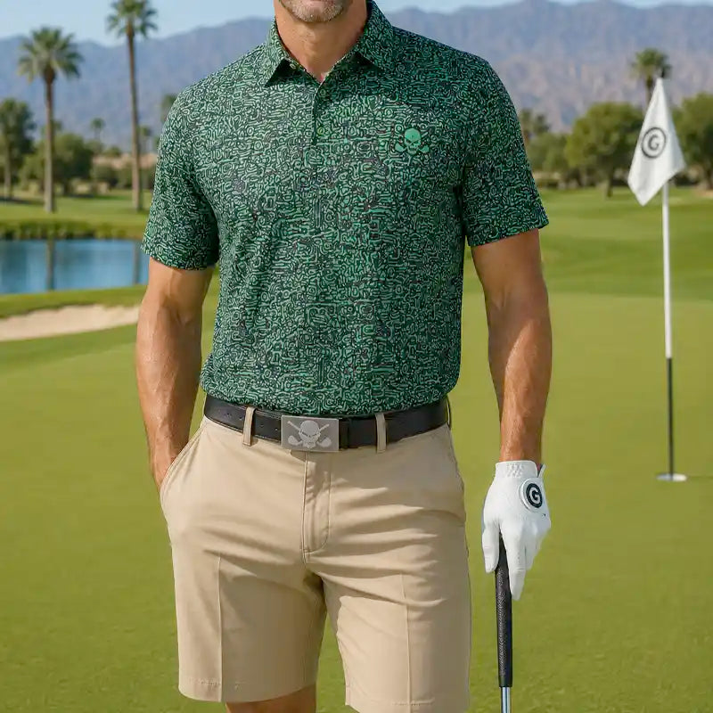 golfer in green maze patterned polo shirt and beige shorts holding a golf course