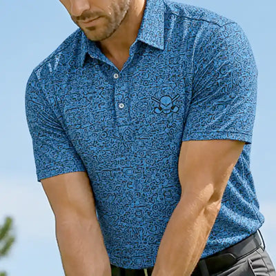 Golfer wearing a Tattoo Golf Summertime men's blue golf polo with all-over line-art print and skull chest logo.