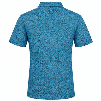 Back view of the Tattoo Golf Summertime men's blue golf polo with all-over line-art print and skull logo below the collar.
