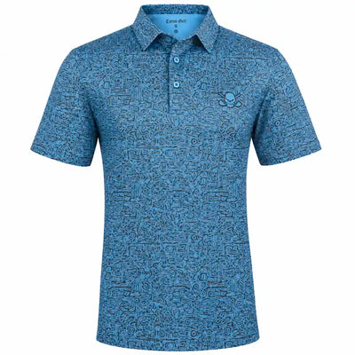 Front view of the Tattoo Golf Summertime men's blue golf polo with all-over line-art print and skull chest logo.
