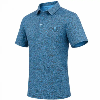 Three-quarter front view of the Tattoo Golf Summertime men's blue golf polo with all-over print and skull chest logo.