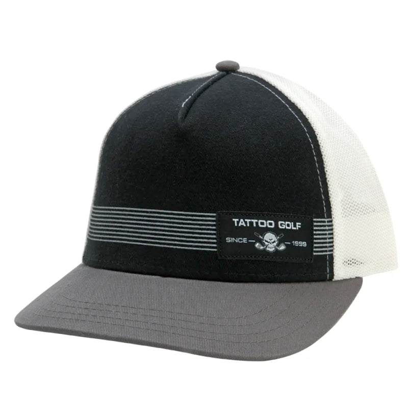 Black, gray, and white cap with 'Tattoo Golf' logo 