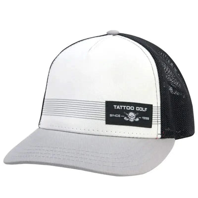 Trucker hat with black mesh back and white front panel featuring a Tattoo Golf logo.