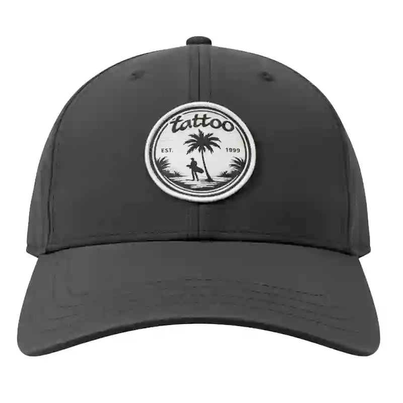 Black golf hat with a circular logo featuring palm trees and the word 'tattoo' 