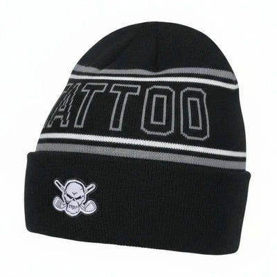 Black golf beanie with 'Tattoo' text and skull design