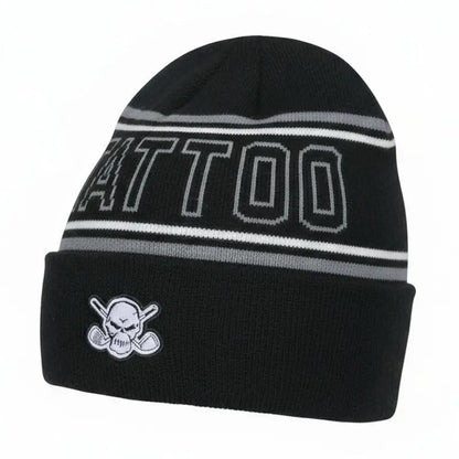 Black golf beanie with 'Tattoo' text and skull design