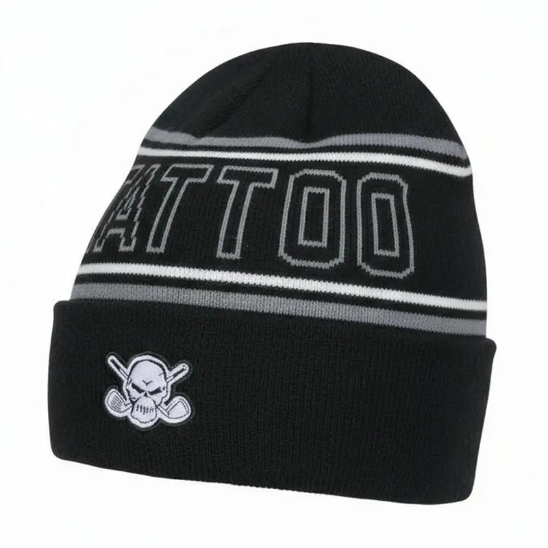 Black golf beanie with 'Tattoo' text and skull design