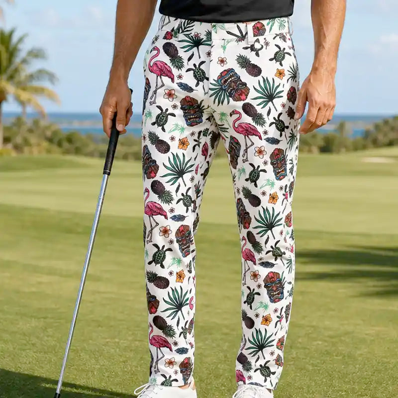 best crazy golf pants for men with tiki Hawaiian pattern