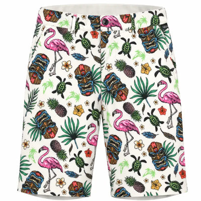 Front view of white Tiki golf shorts with colorful tiki masks, pink flamingos, green turtles, pineapples and tropical foliage.