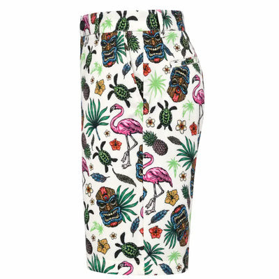 Side view of white Tiki golf shorts with colorful tiki masks, pink flamingos, green turtles and tropical foliage.