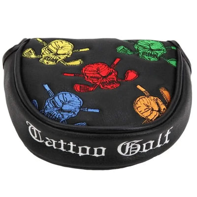 A black putter cover with colorful skull and crossed golf clubs design, and the text 'Tattoo Golf' embroidered on it.