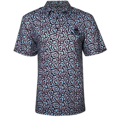 Tattoo Golf Vapor men's polo in black, shown from the front with an all-over abstract outlined pattern.