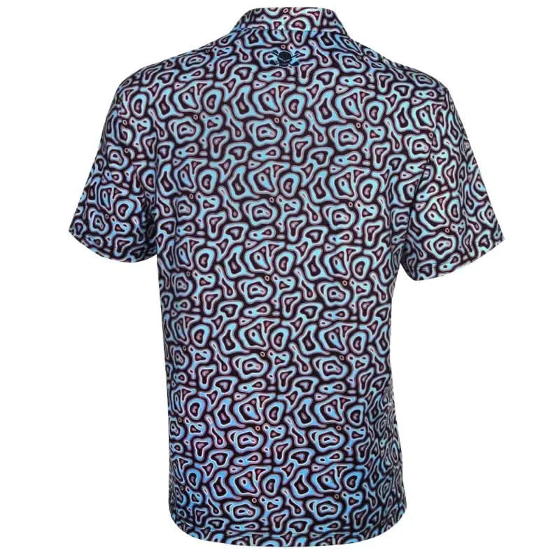 Tattoo Golf Vapor men's polo in black, shown from the back with its black and blue pattern.
