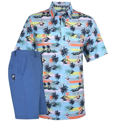 Colorful tropical-themed polo shirt with blue shorts