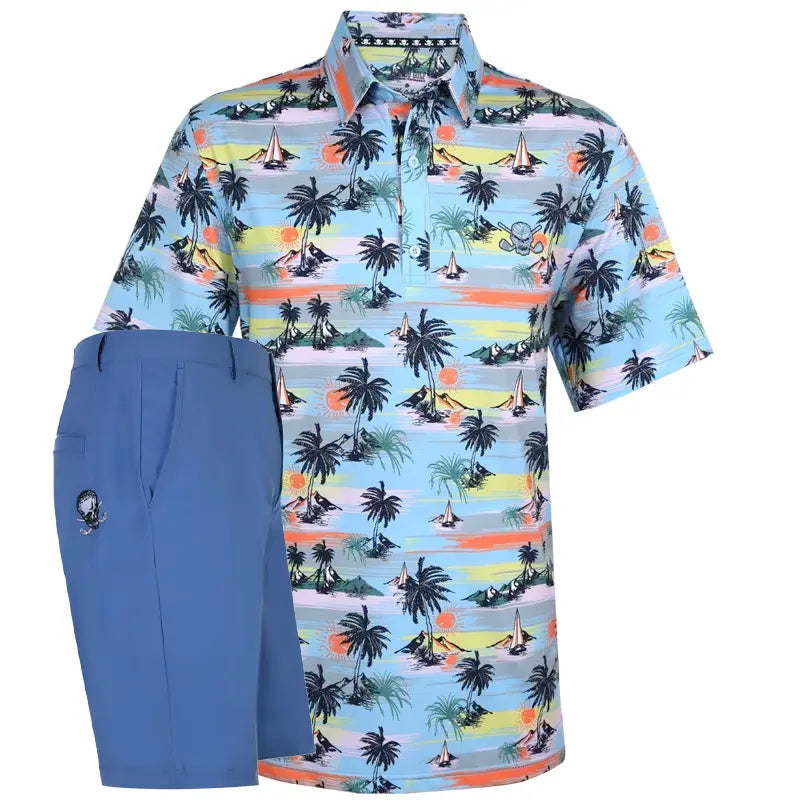 Colorful tropical-themed polo shirt with blue shorts