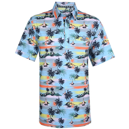 vintage tropical polo shirt with palm tree and beach scene design