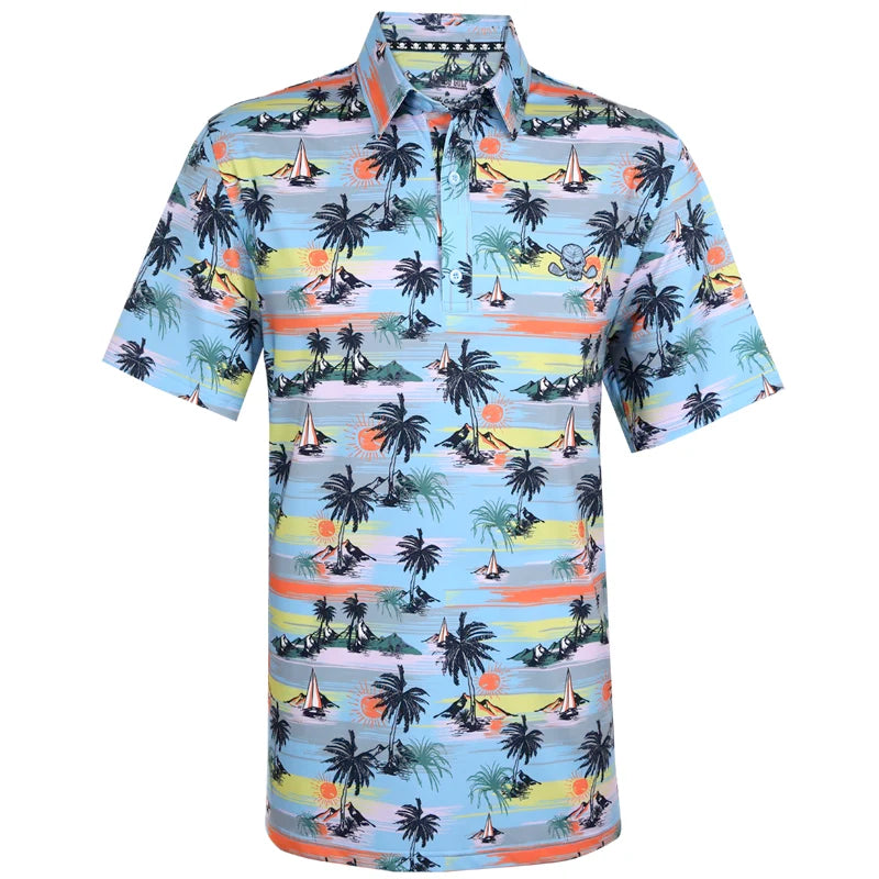 vintage tropical polo shirt with palm tree and beach scene design