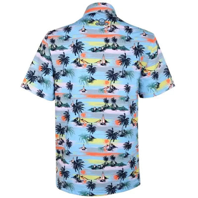 Short-sleeve golf shirt with tropical island pattern