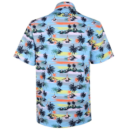 Short-sleeve golf shirt with tropical island pattern