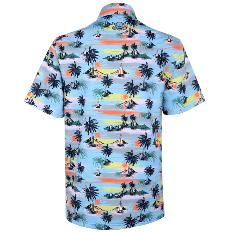 Short-sleeve golf shirt with tropical island pattern
