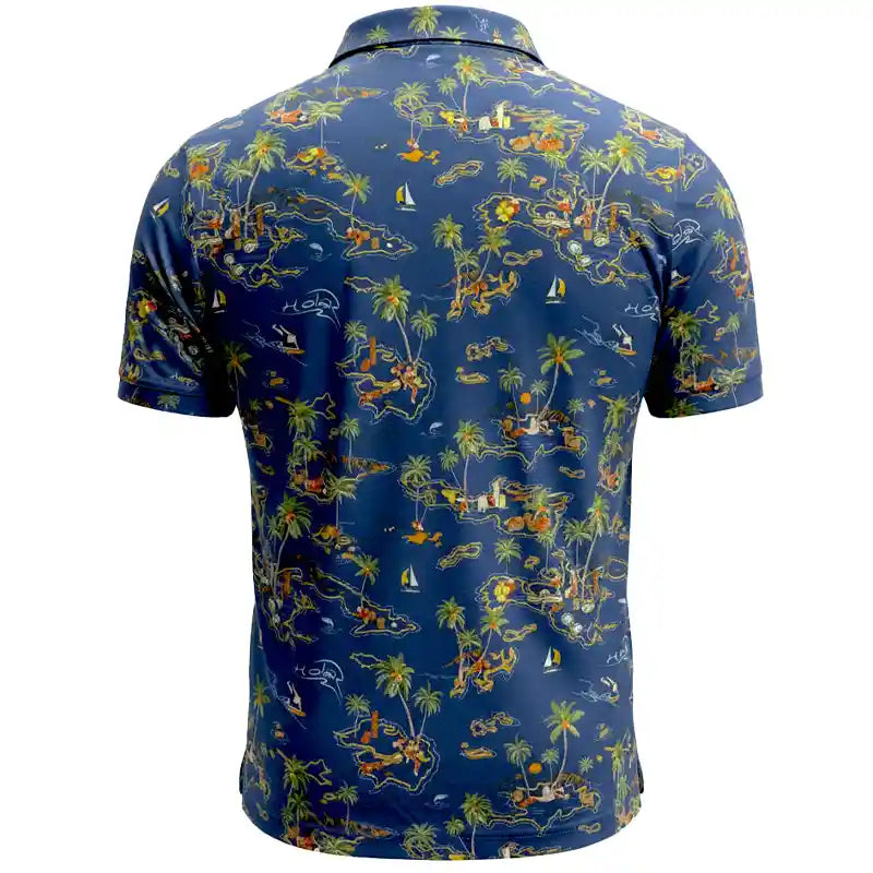 Men's blue Hawaiian design golf shirt