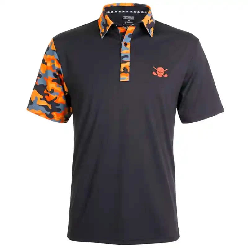 Black polo golf shirt with colorful sleeves and a small skull logo