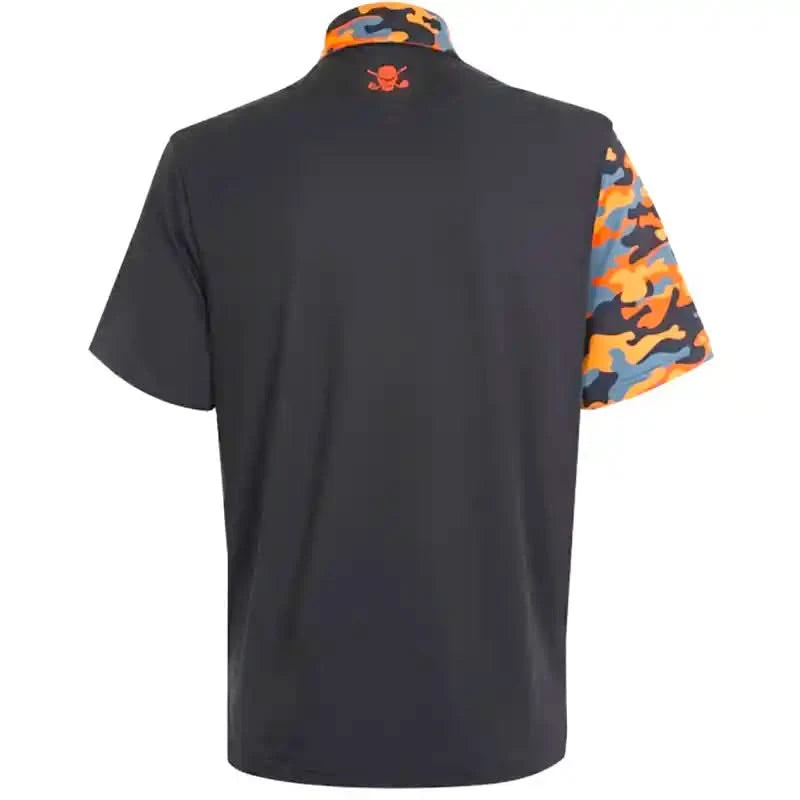 Black golf shirt with colorful camo sleeve designs with small skull on back collar