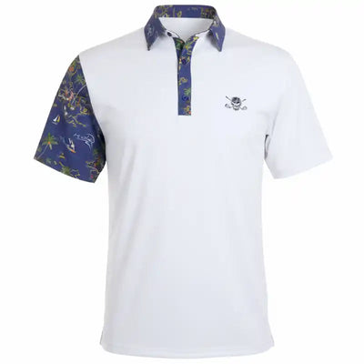 White polo shirt with colorful sleeves and collar & skull design 