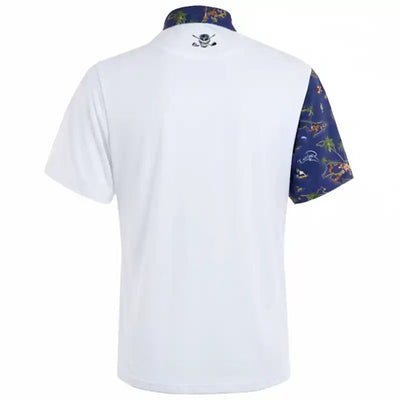 White men's polo shirt with colorful sleeves on 