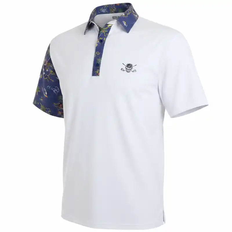 White polo golf shirt with floral sleeves and collar